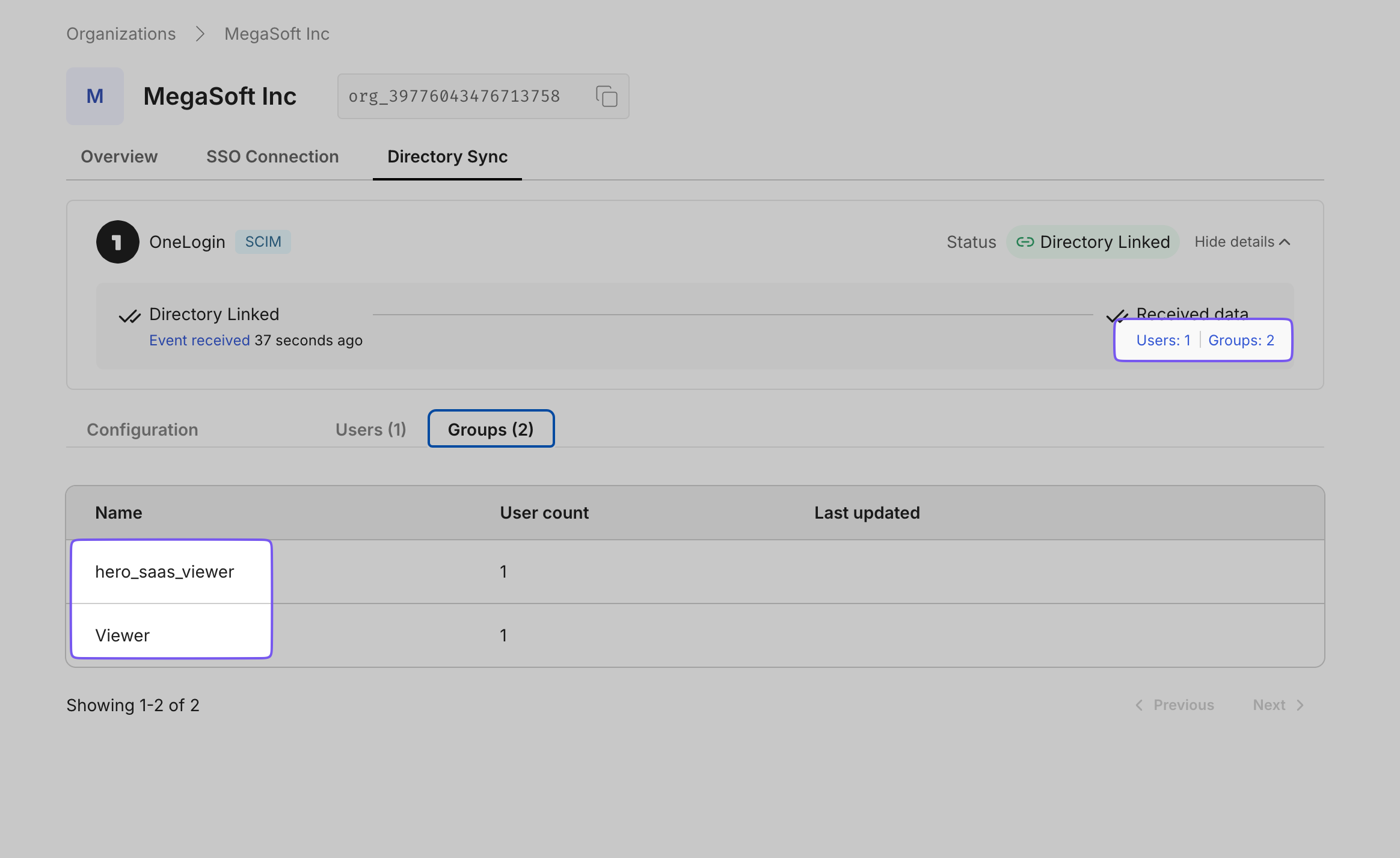 Directory sync status for Your Organization, showing linked groups and user count in OneLogin.